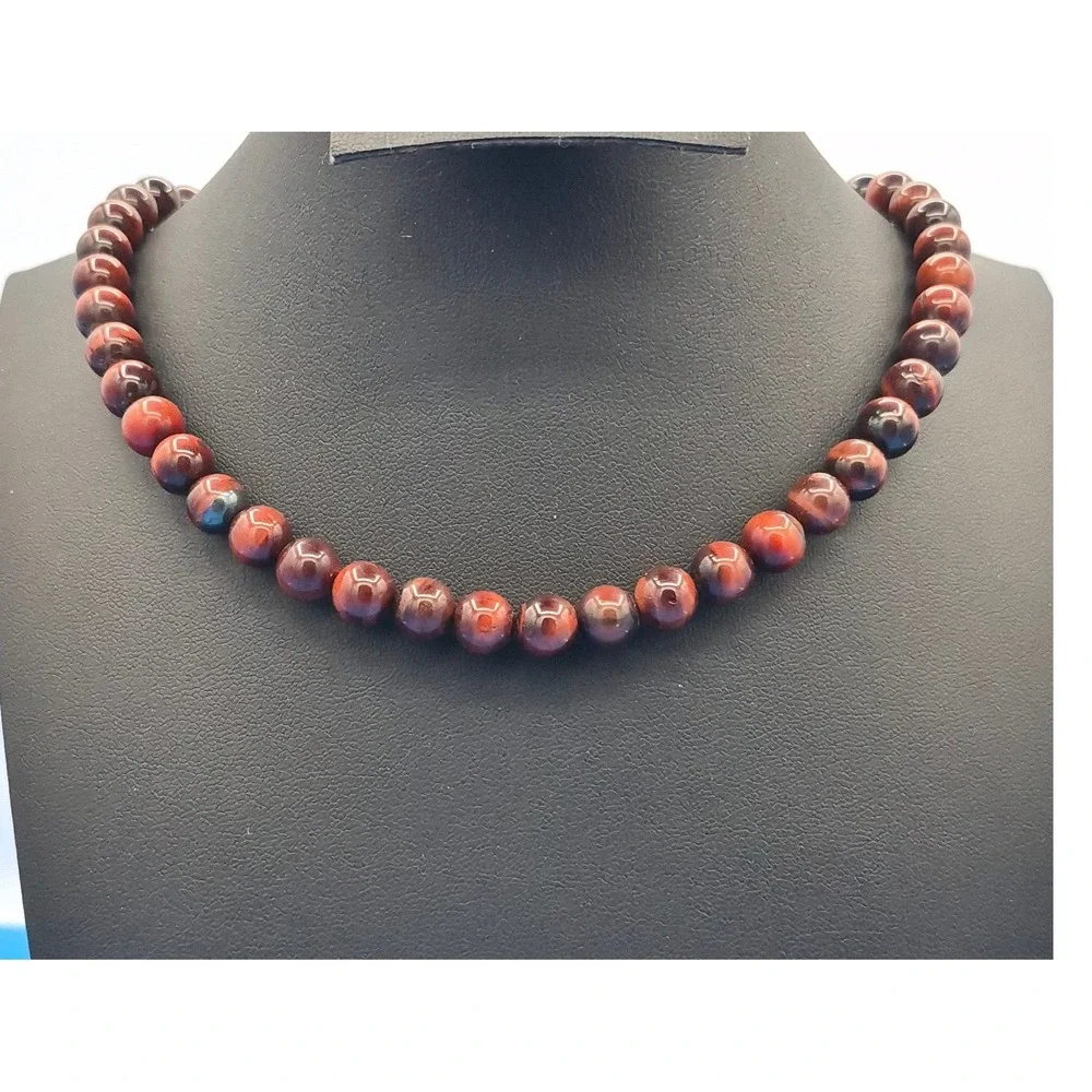 Vintage Red Tiger Eye Bead Necklace Red Natural Stone Strand Lobster Clasp